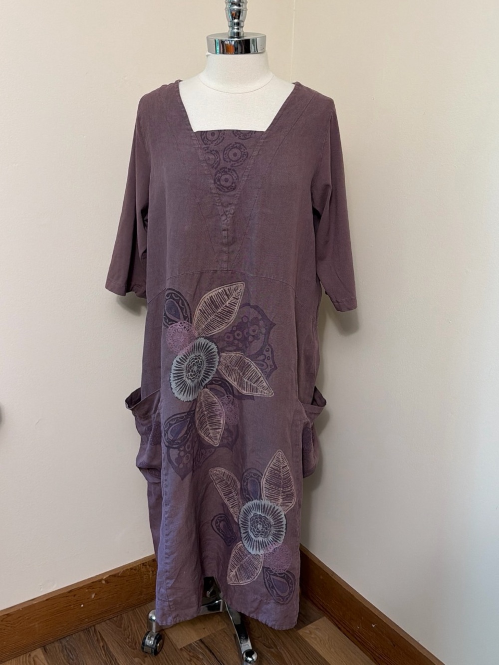 Vintage 🌀Bluefish🌀 Dusty Purple Handpainted Floral Linen Dress L